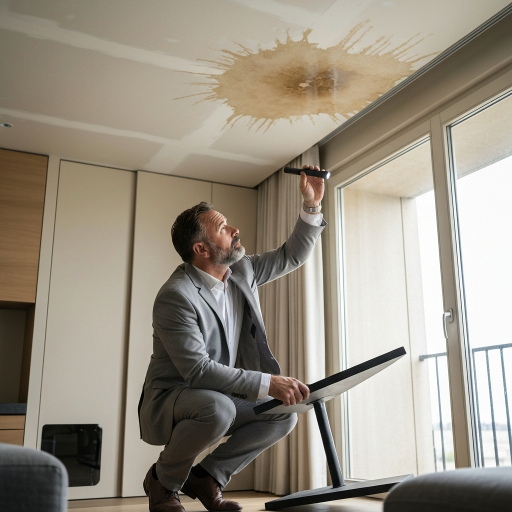 Expert inspectant un dégât des eaux dans un appartement français