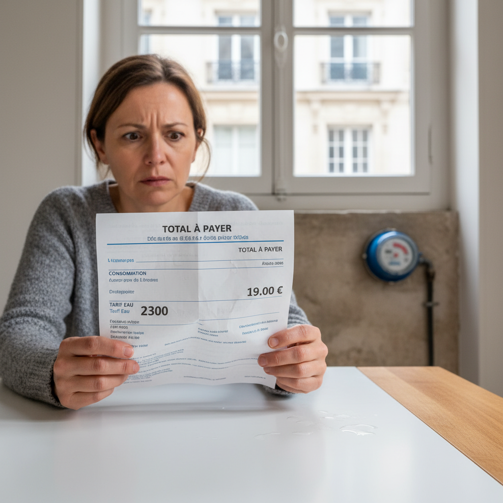 Facture d'eau anormalement élevée posée sur une table avec un compteur d'eau