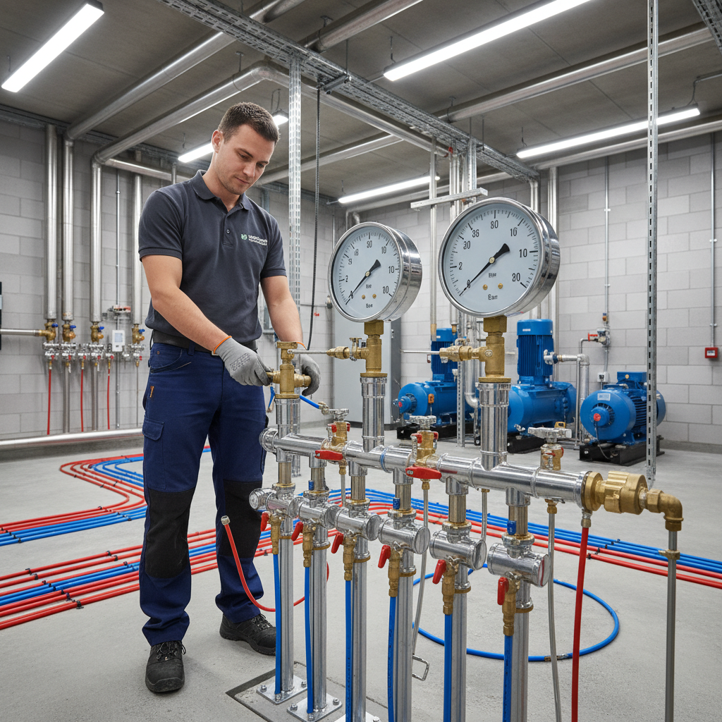Technicien effectuant un test de pression sur plancher chauffant pour détecter une fuite