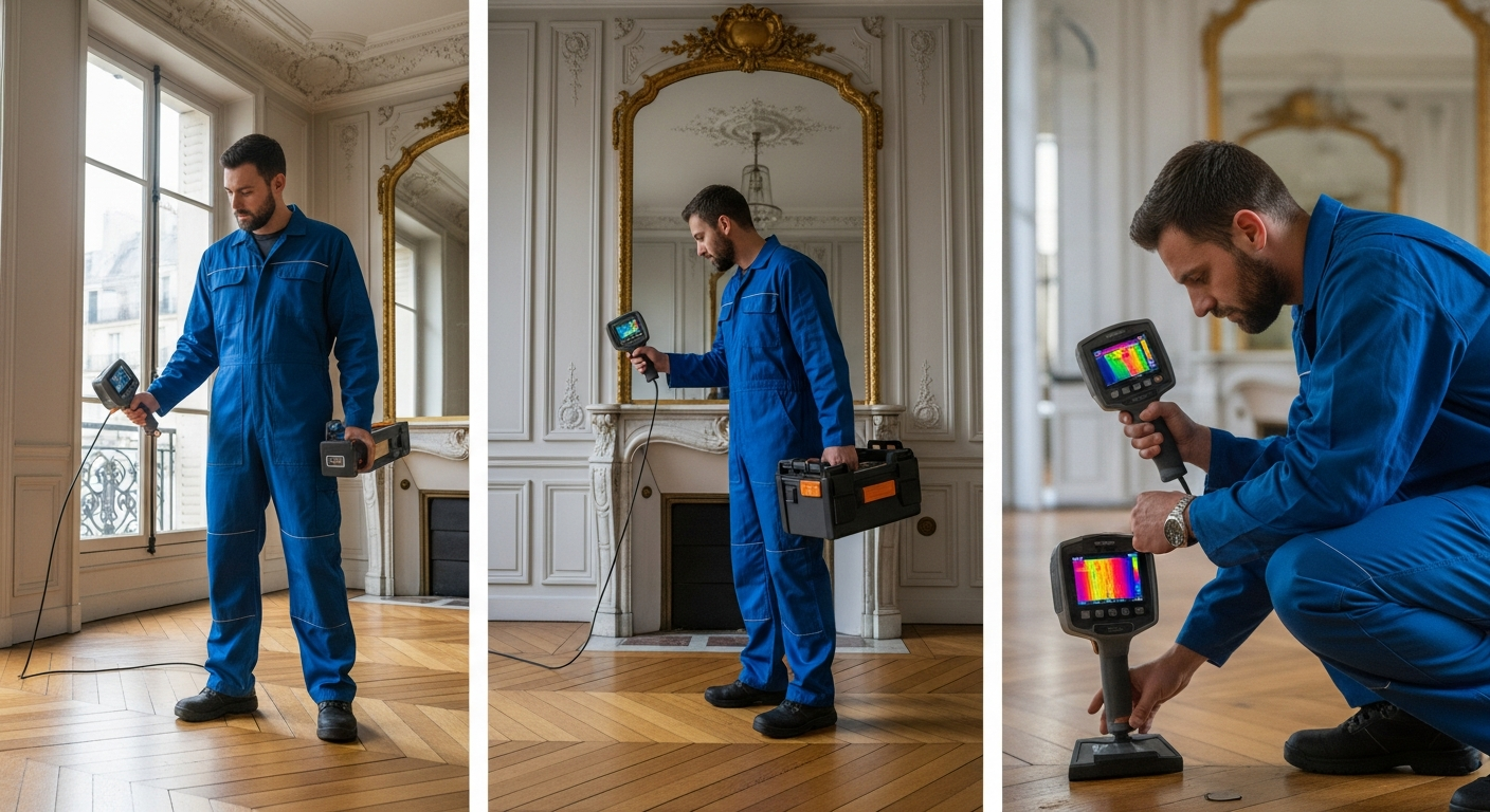 Technicien effectuant une recherche de fuite d'eau avec caméra thermique dans un appartement parisien