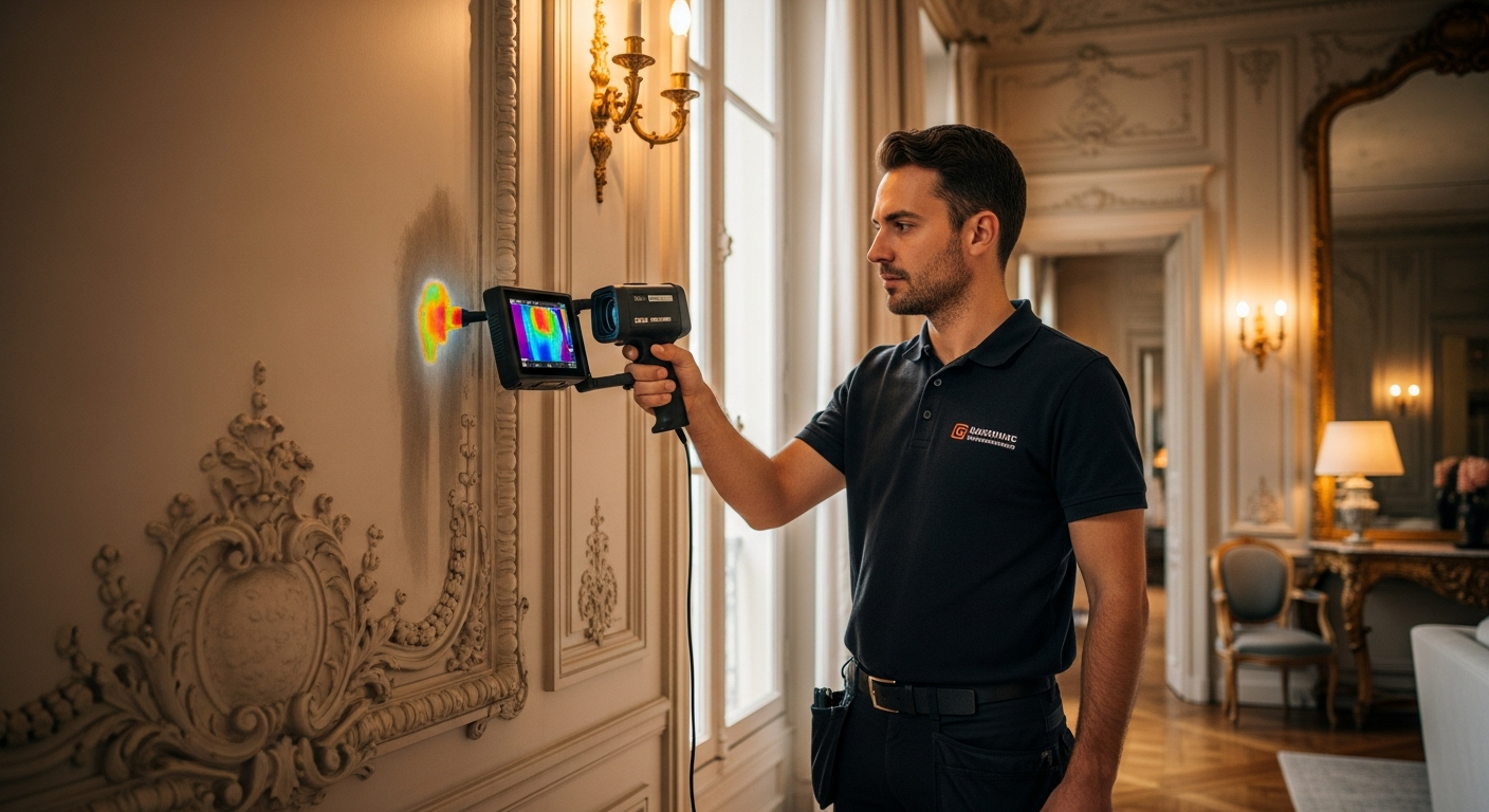 Expert recherche de fuite Paris avec caméra thermique dans appartement haussmannien