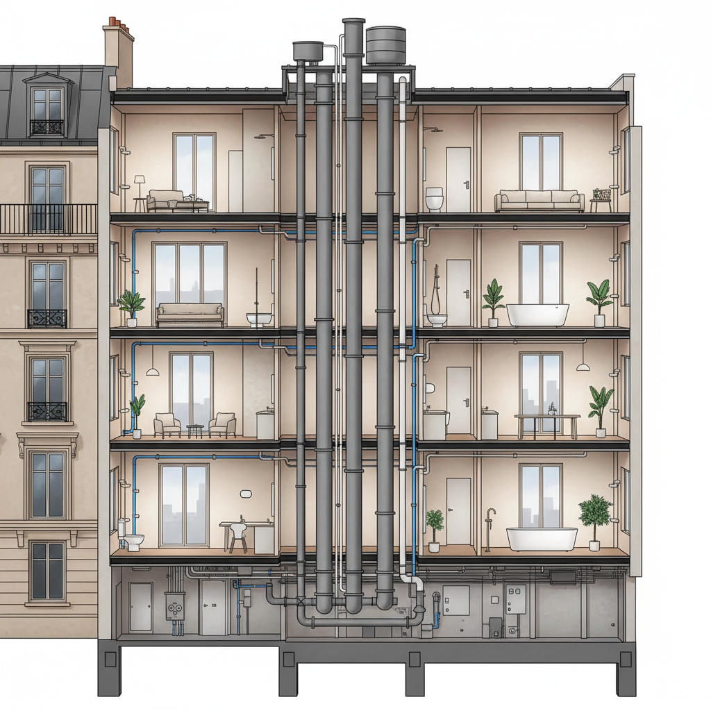 Schéma d'un immeuble en copropriété montrant les parties communes et privatives pour la plomberie