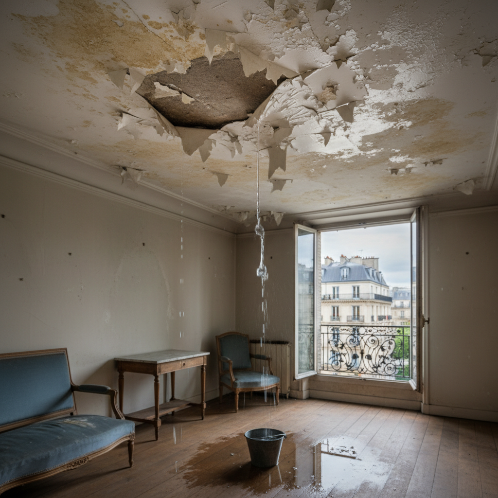 Dégâts des eaux dans un appartement avec traces d'eau au plafond