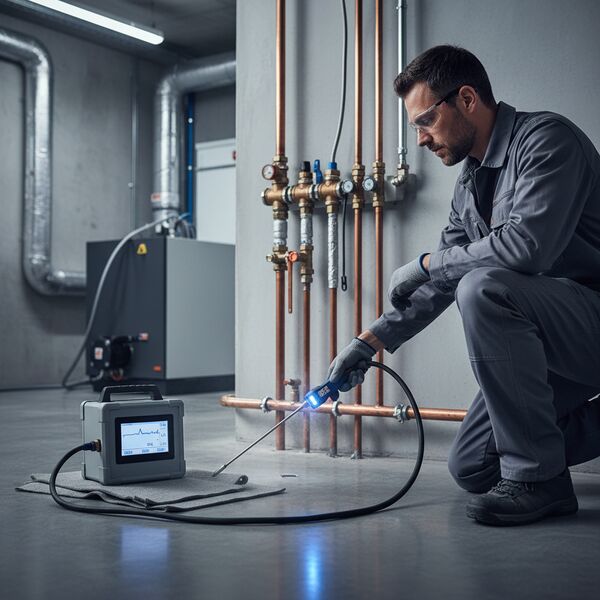 Technicien utilisant un détecteur de gaz traceur au sol pour localiser une fuite de chauffage