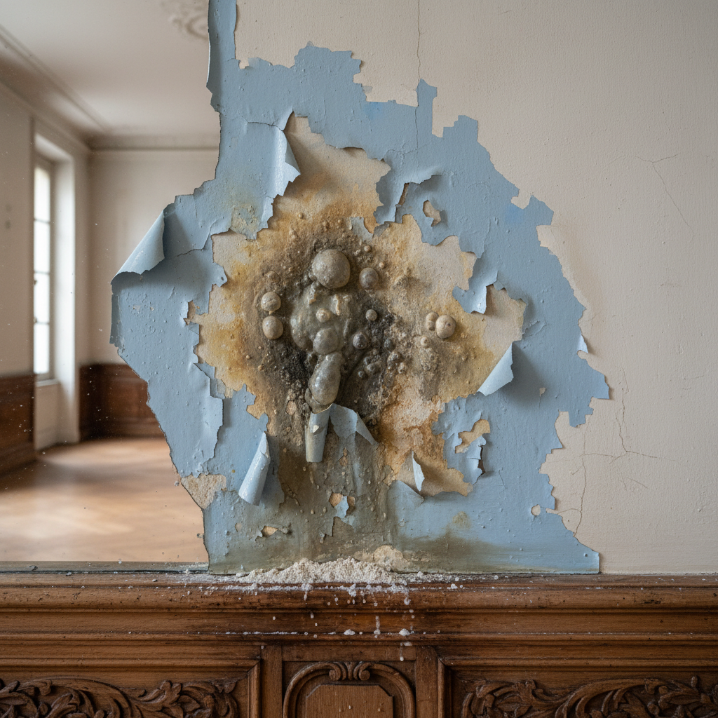 Peinture cloquée et écaillée sur un mur suite à une infiltration d'eau