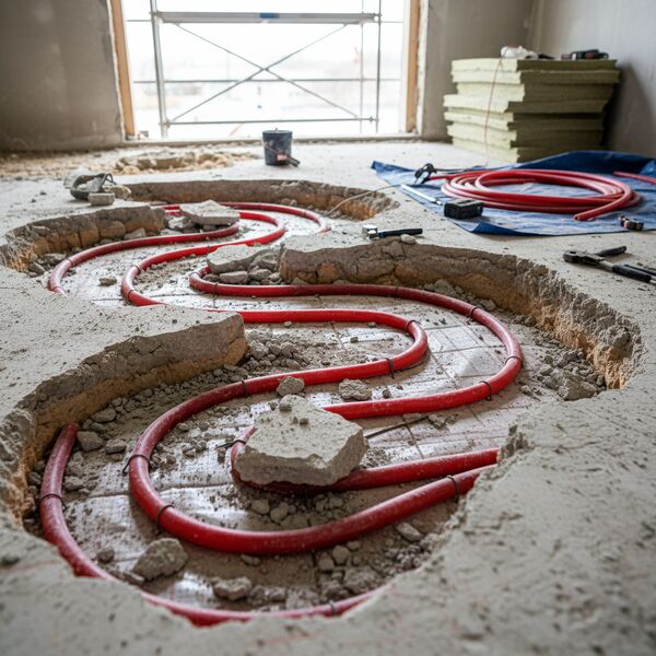 Tubes de plancher chauffant en PER rouge visibles lors d'une intervention de recherche de fuite