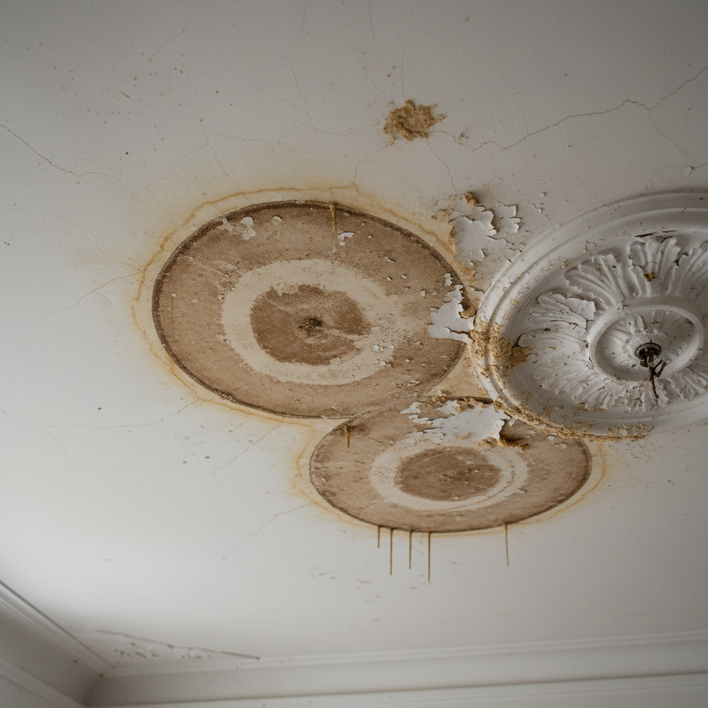 Tache d'humidité brune sur un plafond blanc causée par une fuite d'eau