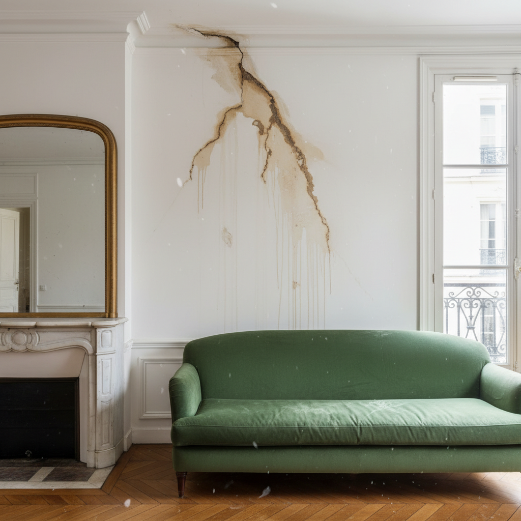 Trace d'humidité et auréole brune sur un mur blanc causée par un dégât des eaux