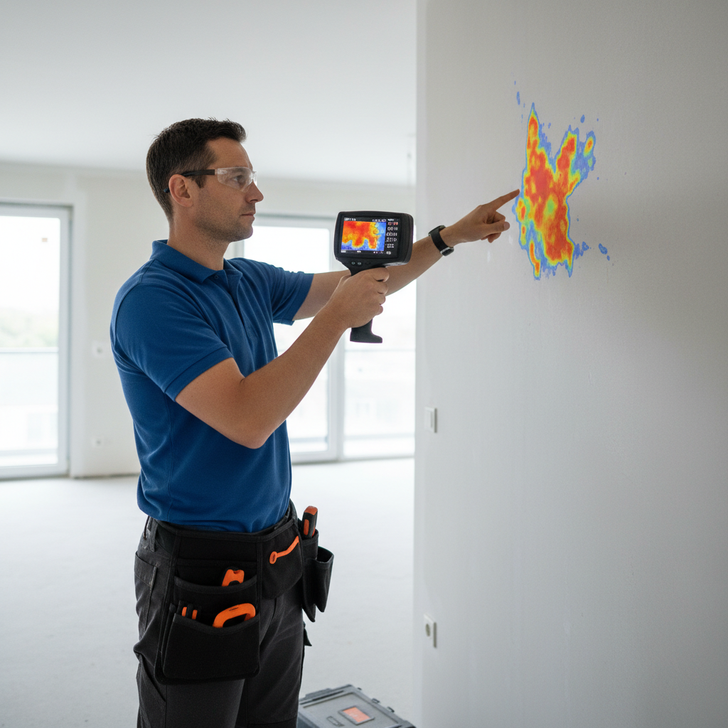 Technicien utilisant une caméra thermique infrarouge pour détecter une fuite d'eau dans un mur
