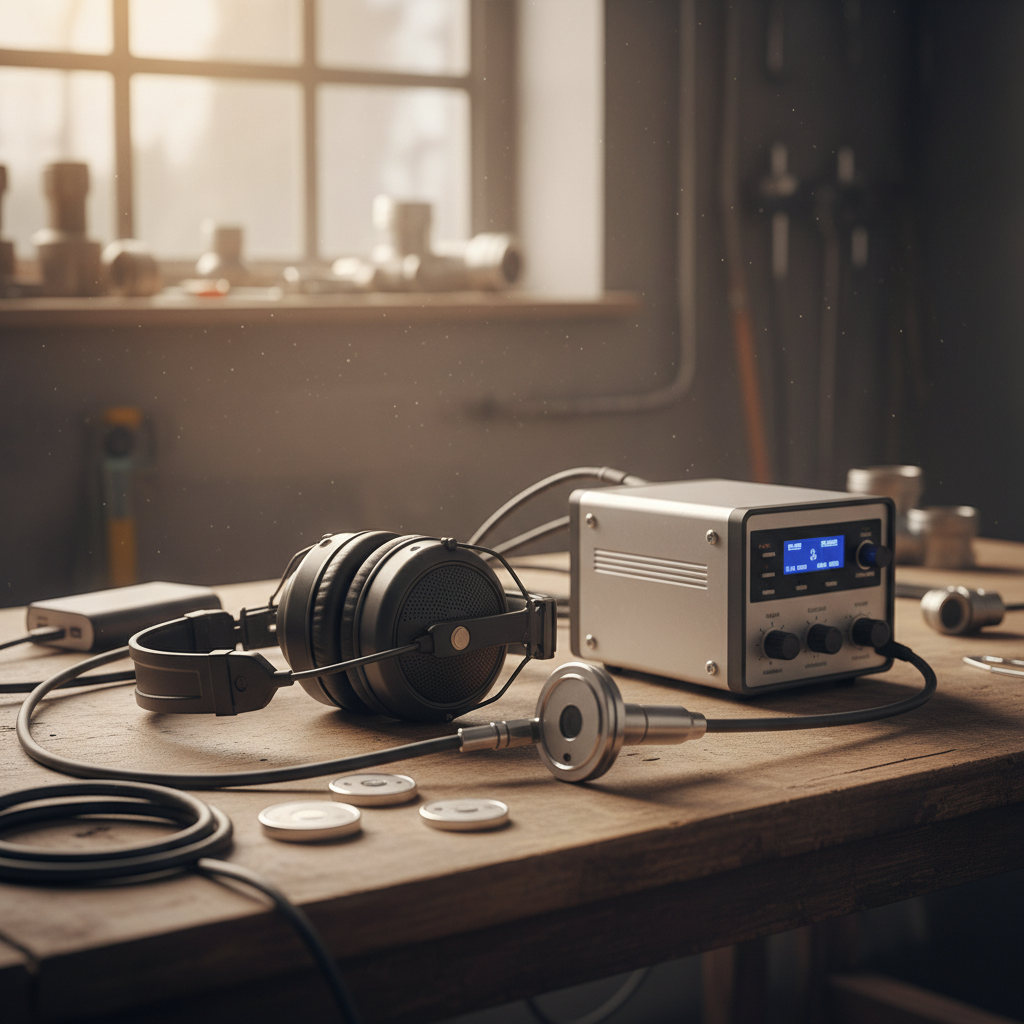 Équipement professionnel d'écoute électroacoustique : casque, amplificateur et microphones de contact