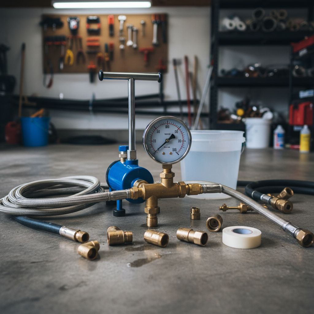 Équipement de test de pression professionnel : pompe, manomètre, flexibles et raccords
