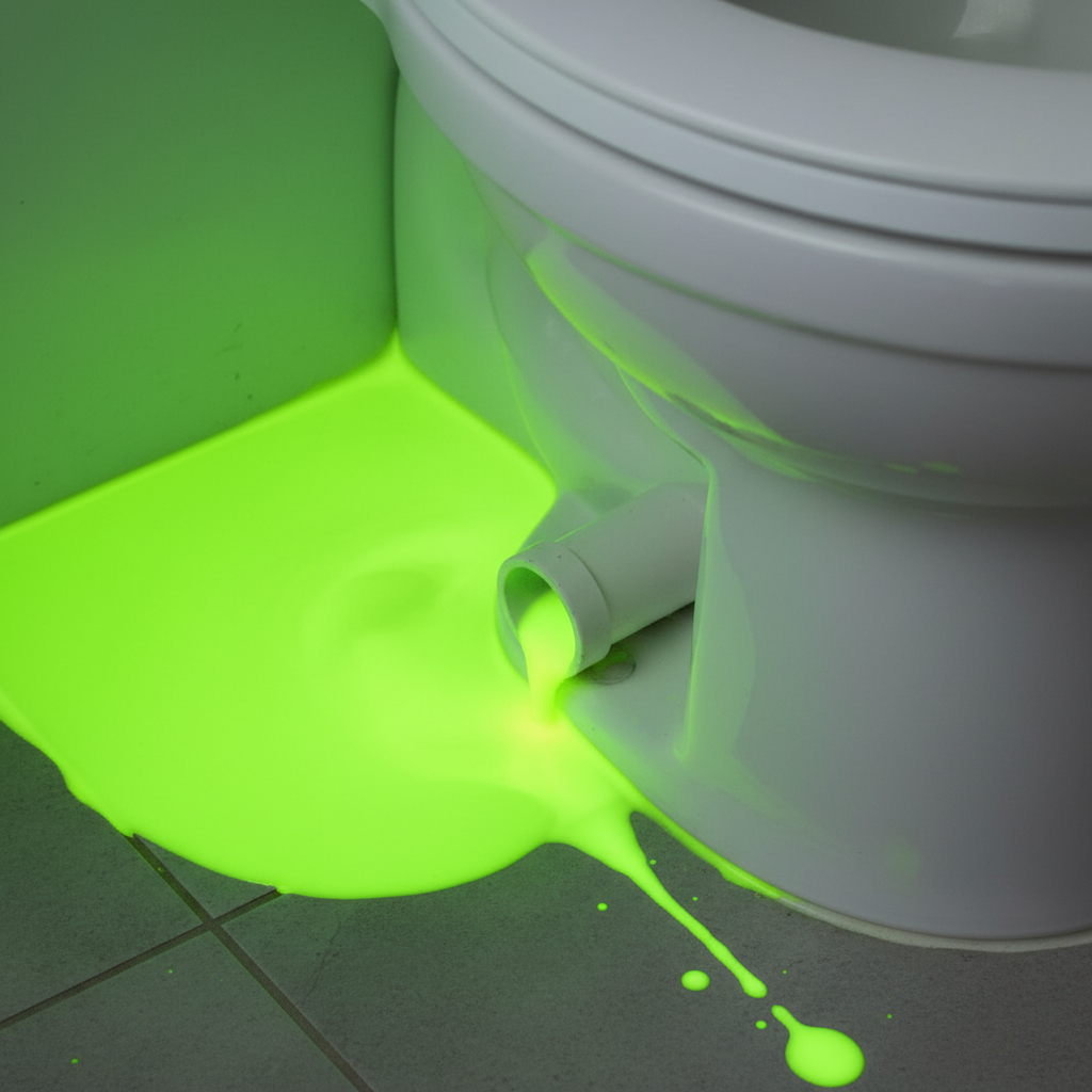 Eau colorée en vert fluorescent par la fluorescéine révélant le passage d'une fuite