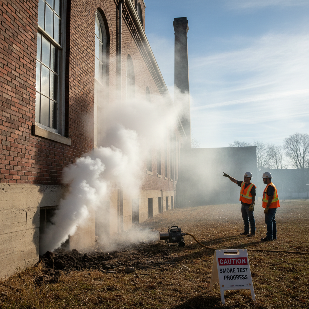 Fumée blanche sortant du sol près d'une canalisation enterrée lors d'un test fumigène extérieur