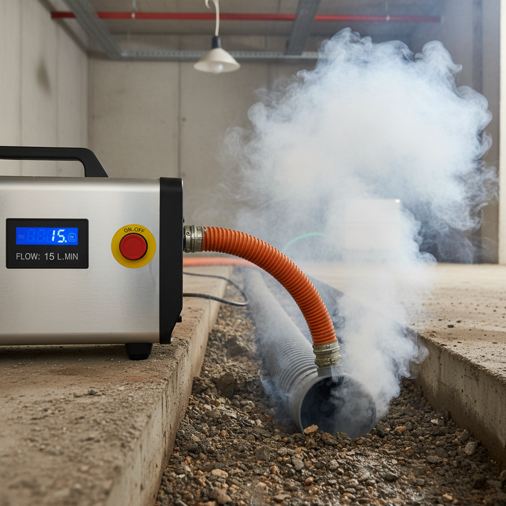 Générateur de fumée professionnel raccordé à une canalisation d'évacuation pour test d'étanchéité