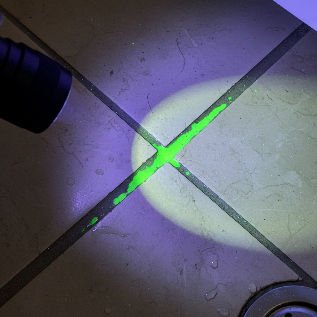 Lampe UV révélant des traces de fluorescéine vert fluorescent sur le sol, indiquant le chemin d'une fuite d'eau