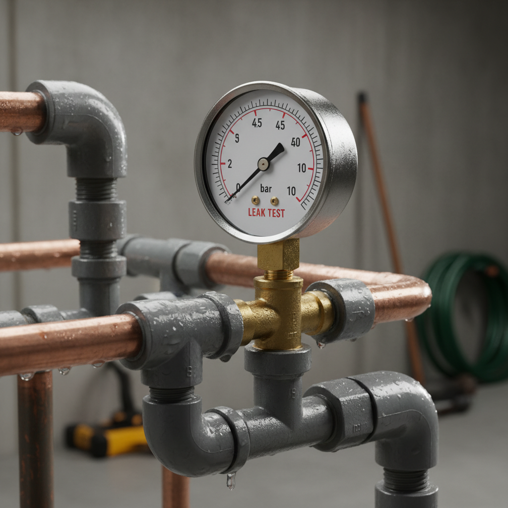 Gros plan du manomètre pendant un test de pression montrant les valeurs en bars