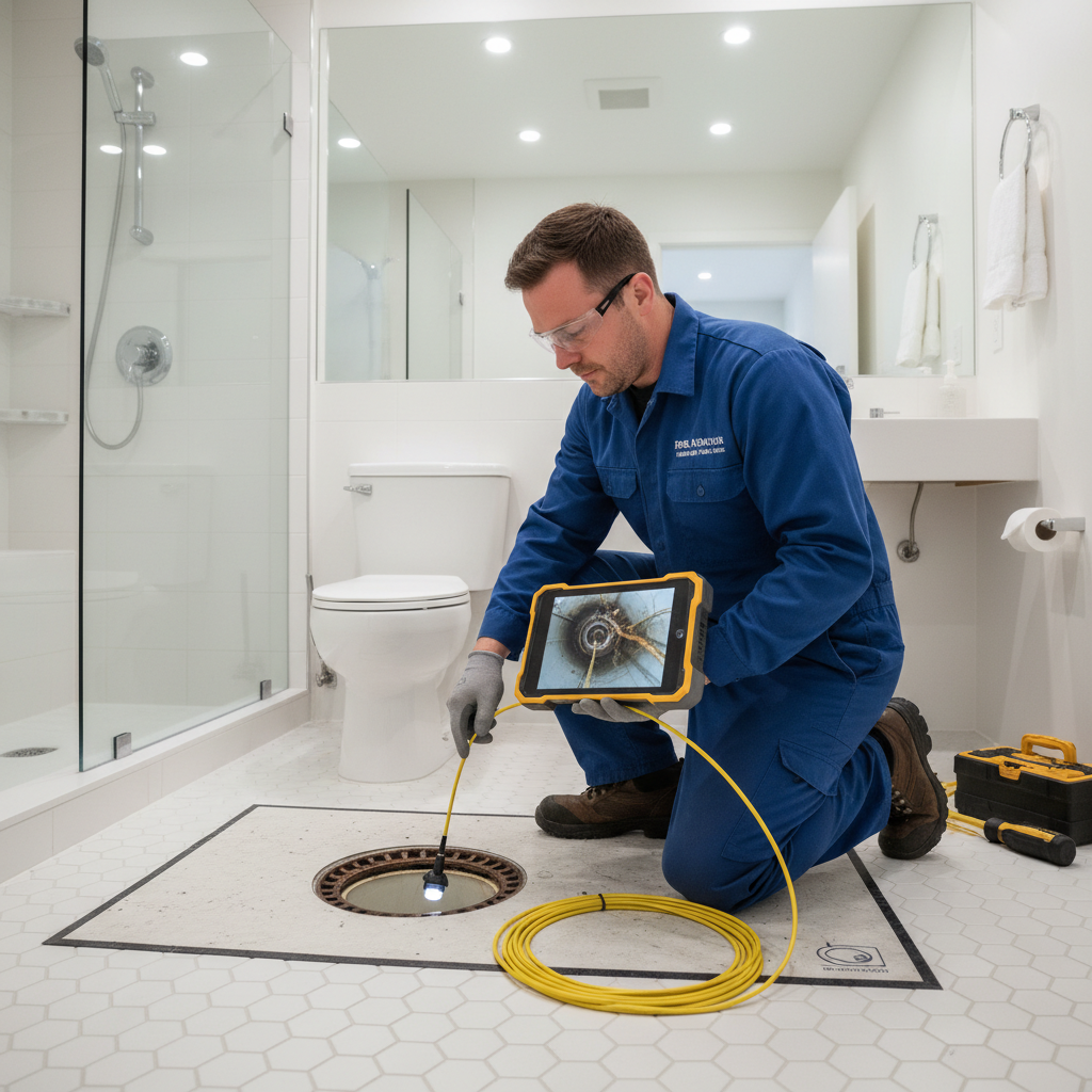 Technicien utilisant une caméra d'inspection pour examiner une canalisation d'évacuation