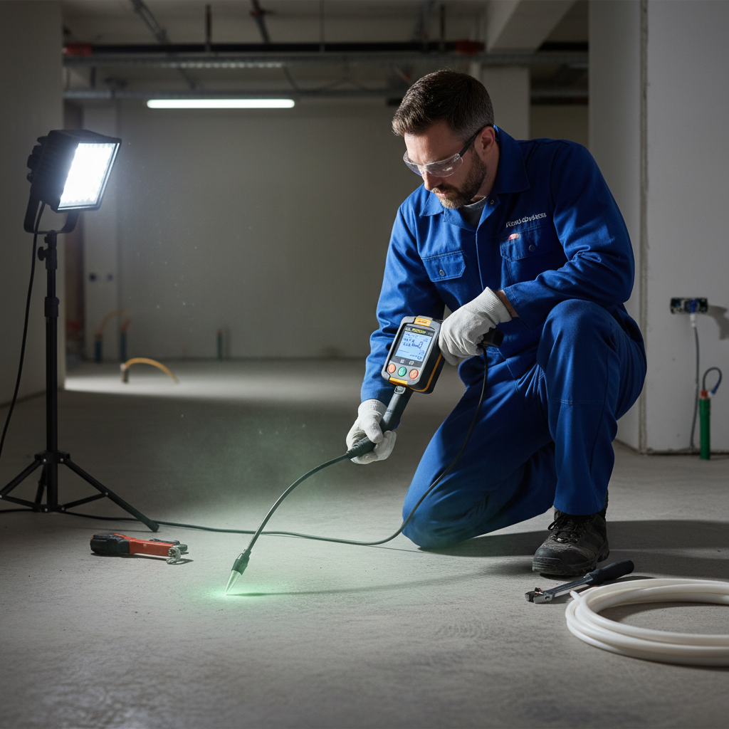 Technicien spécialisé utilisant un détecteur de gaz traceur pour localiser une fuite d'eau enterrée