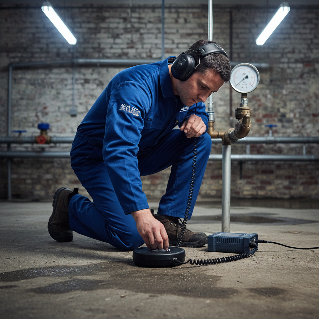 Technicien à genoux plaçant un capteur acoustique au sol pour détecter une fuite d'eau enterrée