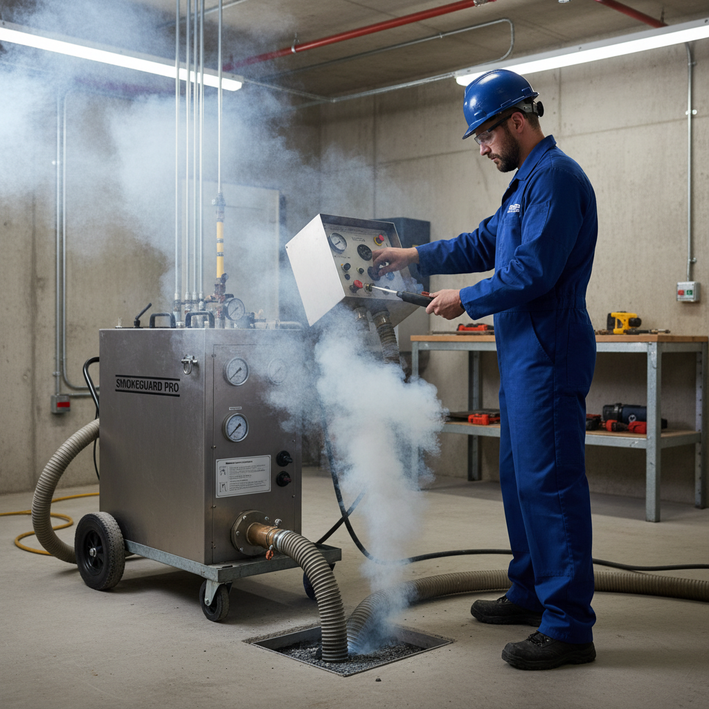 Technicien en uniforme opérant un générateur de fumée pour tester une canalisation d'évacuation