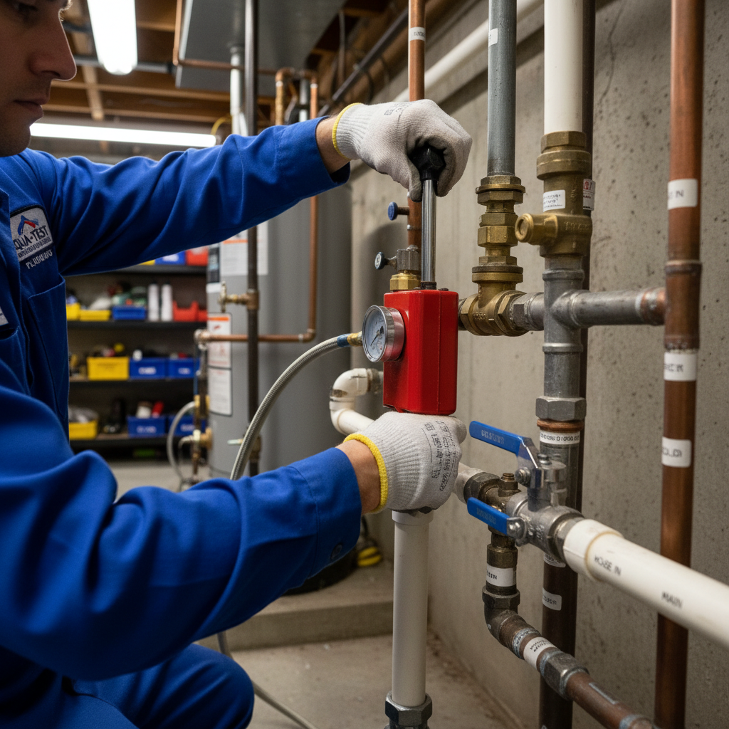 Technicien installant une pompe de test de pression sur un réseau d'eau domestique