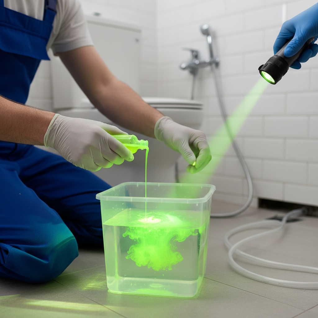 Technicien ajoutant de la fluorescéine dans l'eau pour un test de détection de fuite