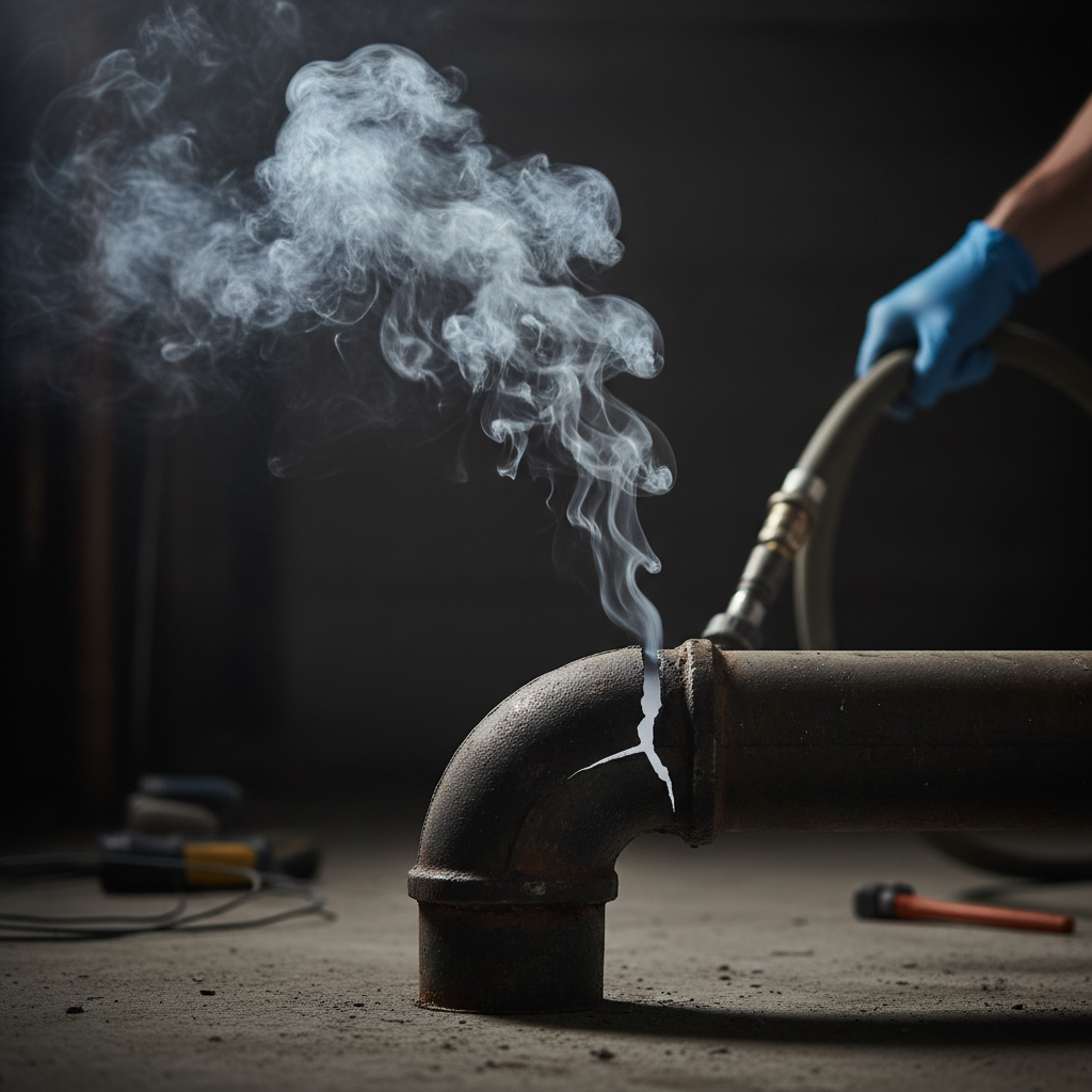 Fumée blanche sortant d'un joint de canalisation lors d'un test fumigène de détection de fuite